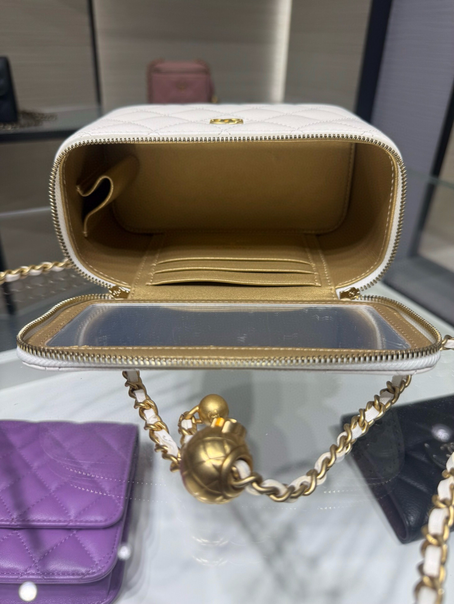 Ch*el walnut gold ball chain with makeup mirror lamb leather square box shoulder bag women