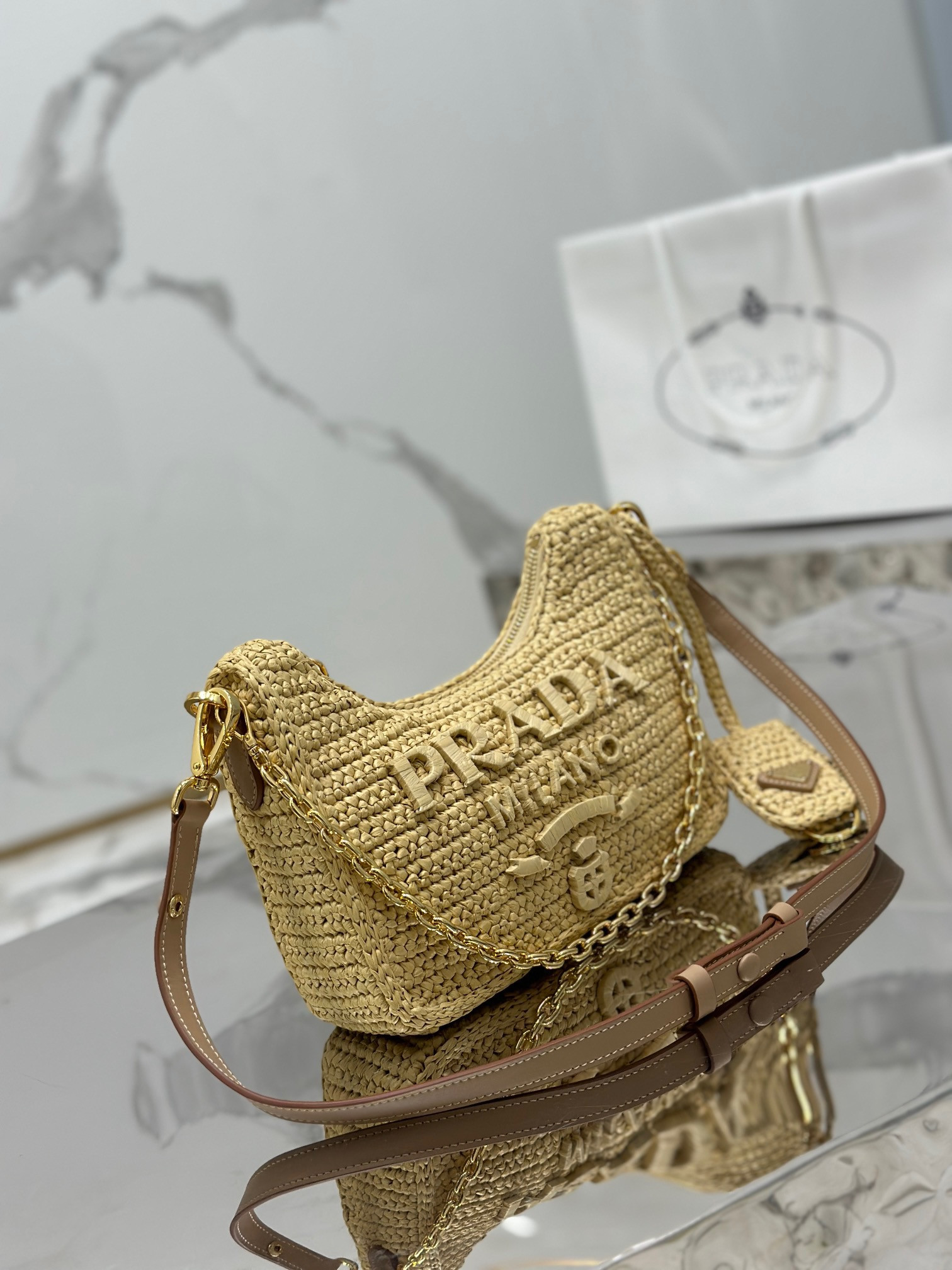 Pra*a re-edition crochet mini-bag color natural