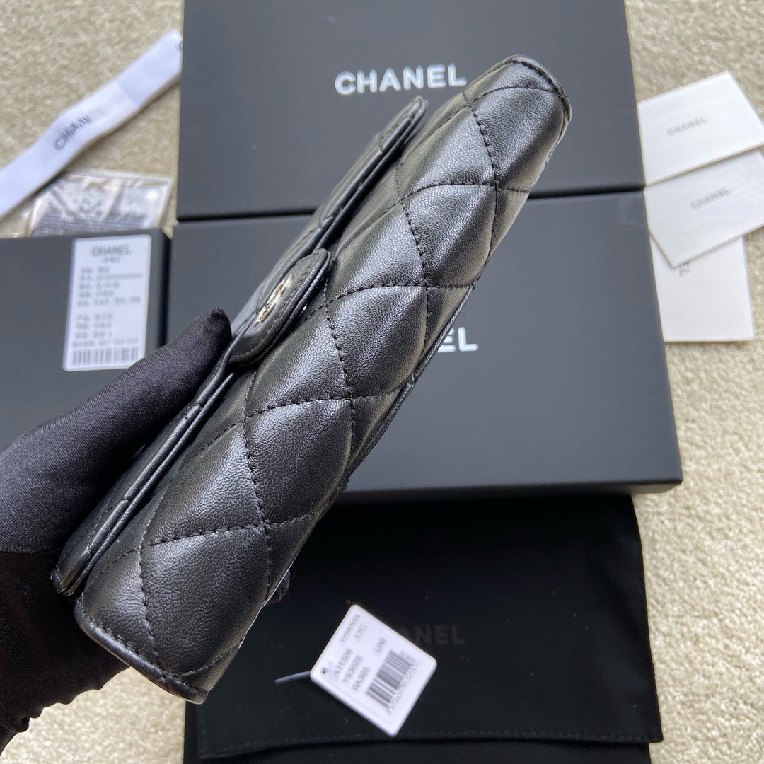 Ch*el flap wallet black silver 19.5 x10 cm