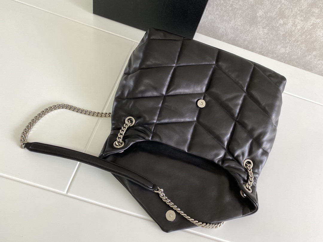 Y*L loulou puffer medium in nappa leather black silver 13.7 x 9 x 5.3 inches