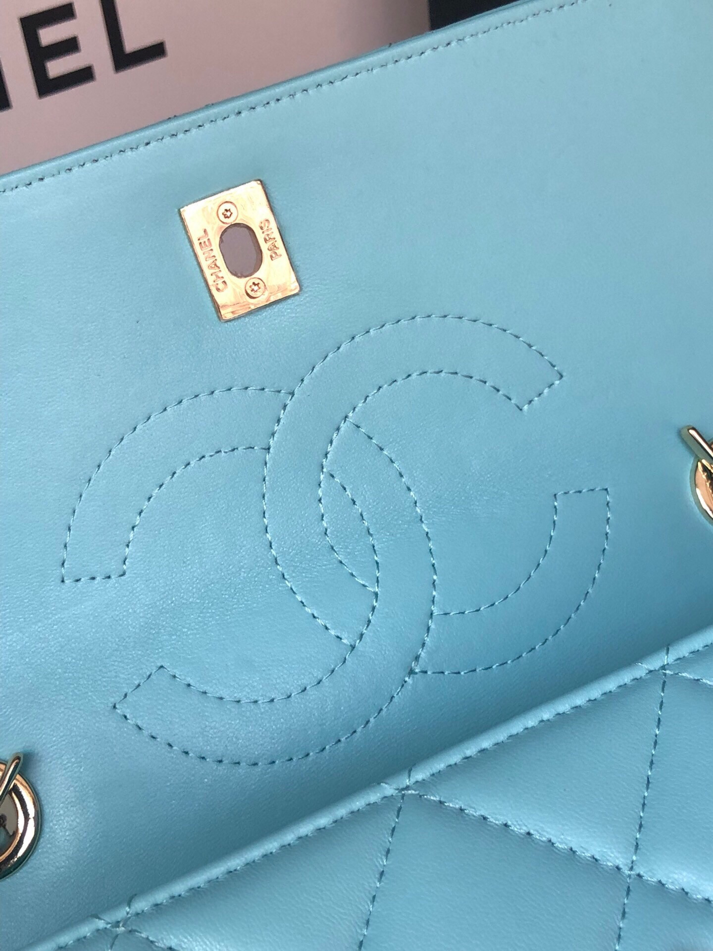 Ch*el flap bag with top handle 6.6 × 9.8 × 4.7 in