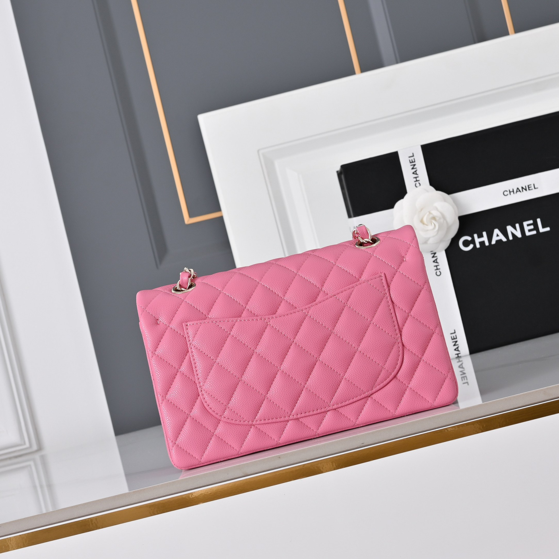 Ch**el classic flap handbag rose with light gold hardware and caviar leather a01113 23x14.5x6cm