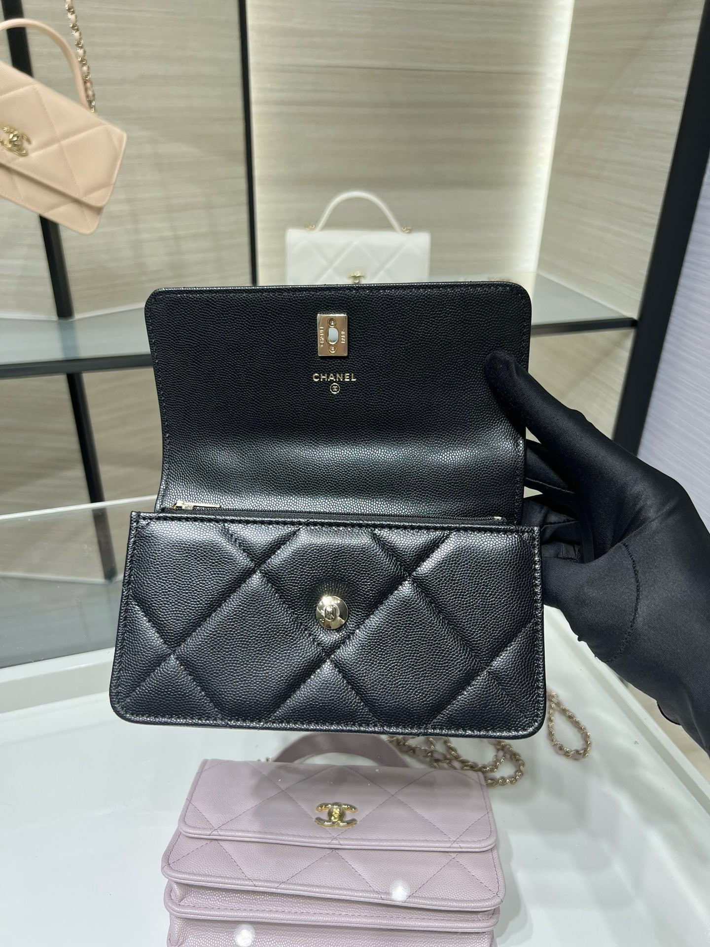 Ch**el flap bag with top handle wallet on chain 11x18.5x6cm