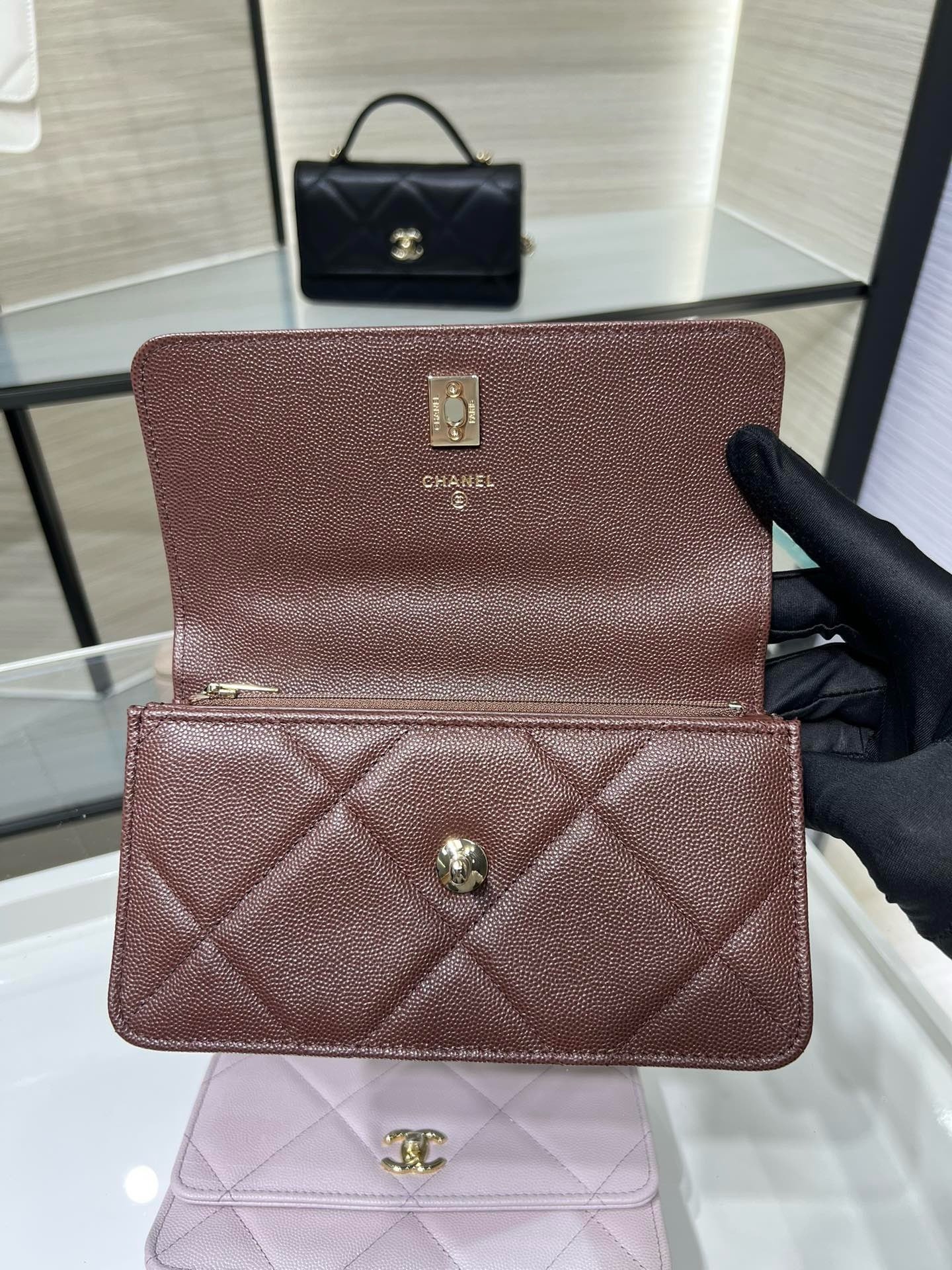 Ch**el flap bag with top handle wallet on chain 11x18.5x6cm