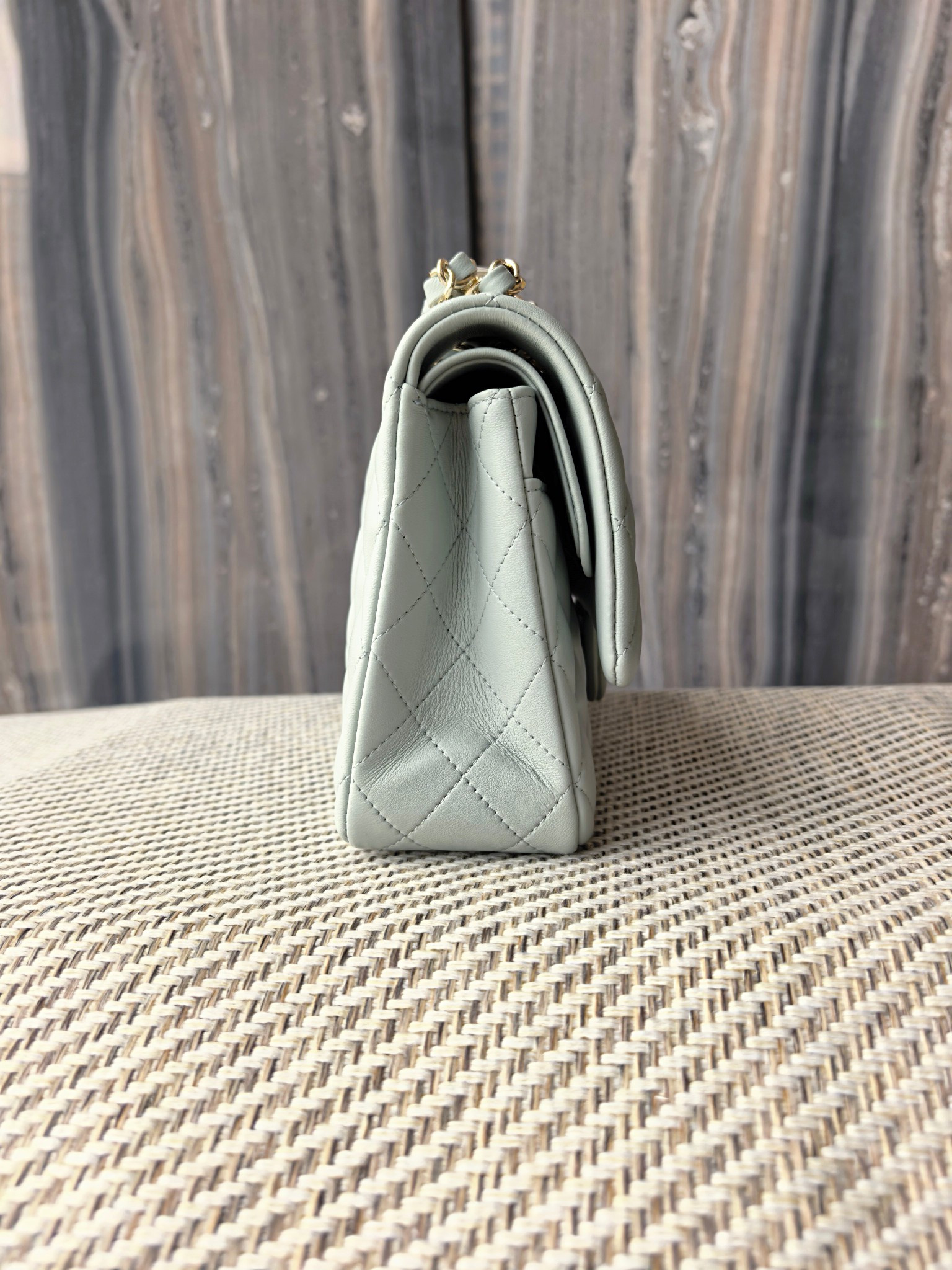 Ch**el classic flap bag light blue with light gold hardware 15.5x25.5x6.5cm