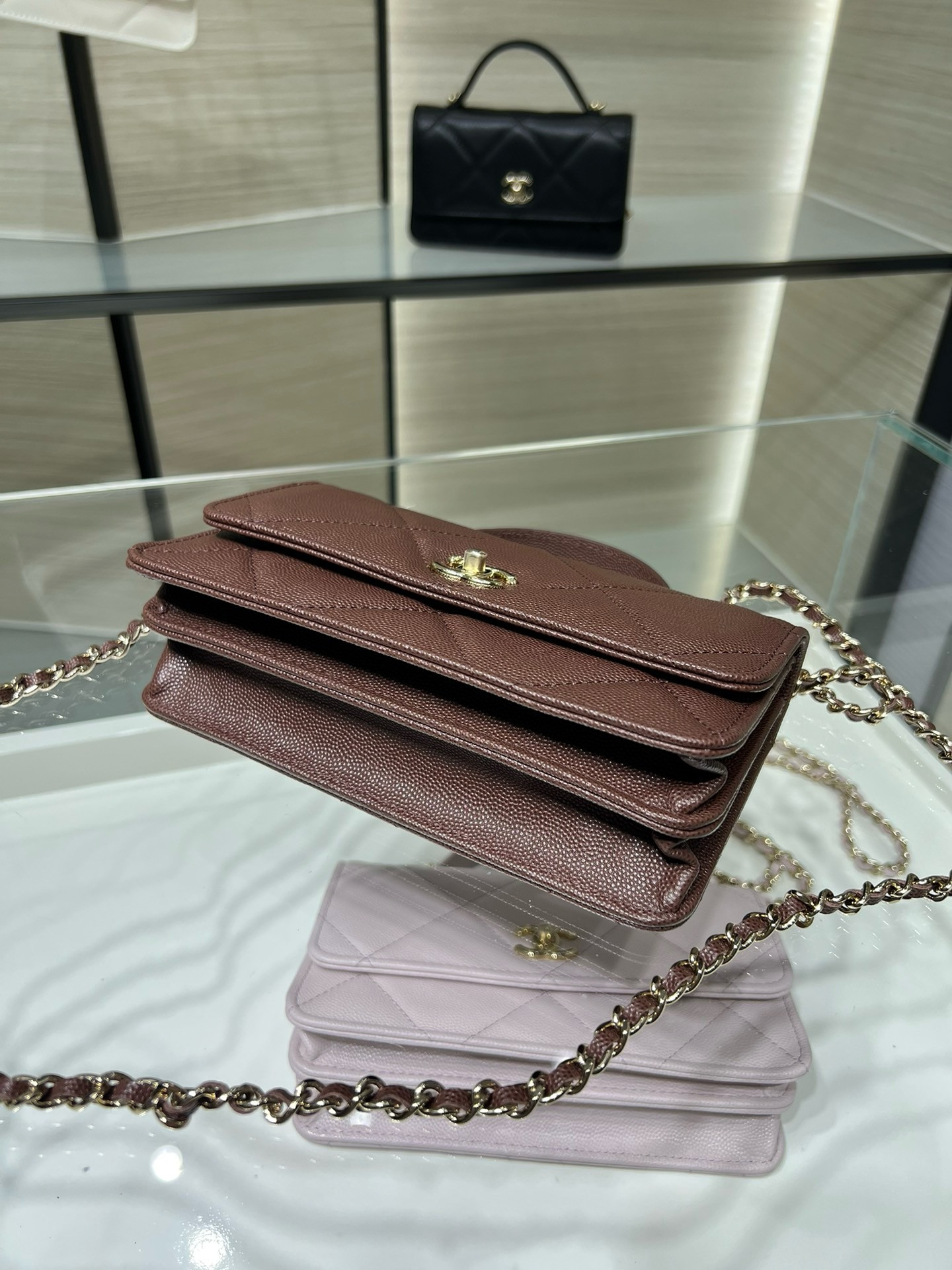 Ch**el flap bag with top handle wallet on chain 11x18.5x6cm