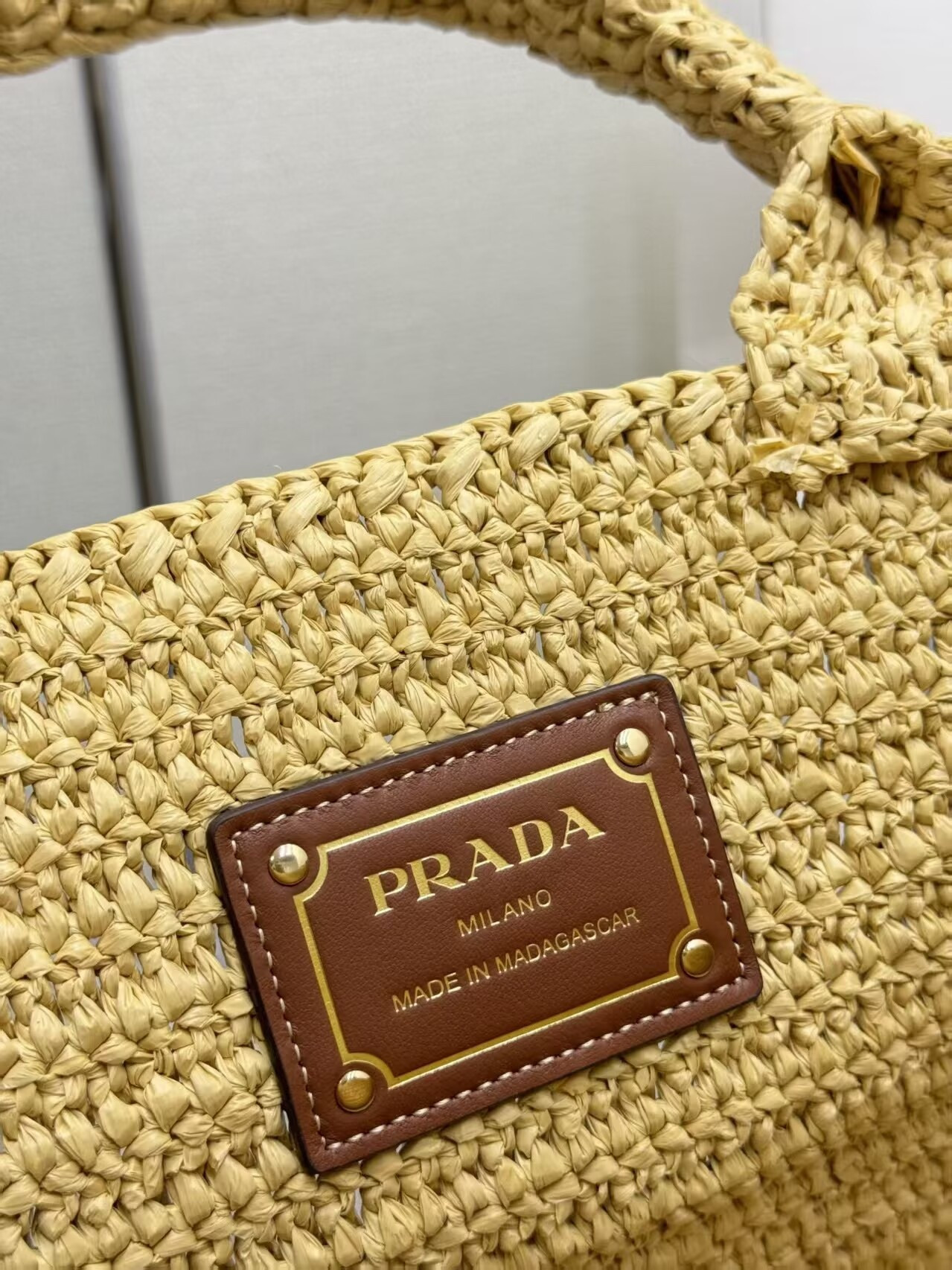 Pra*a large crochet tote bag with leather details without box 23.5x35x22cm