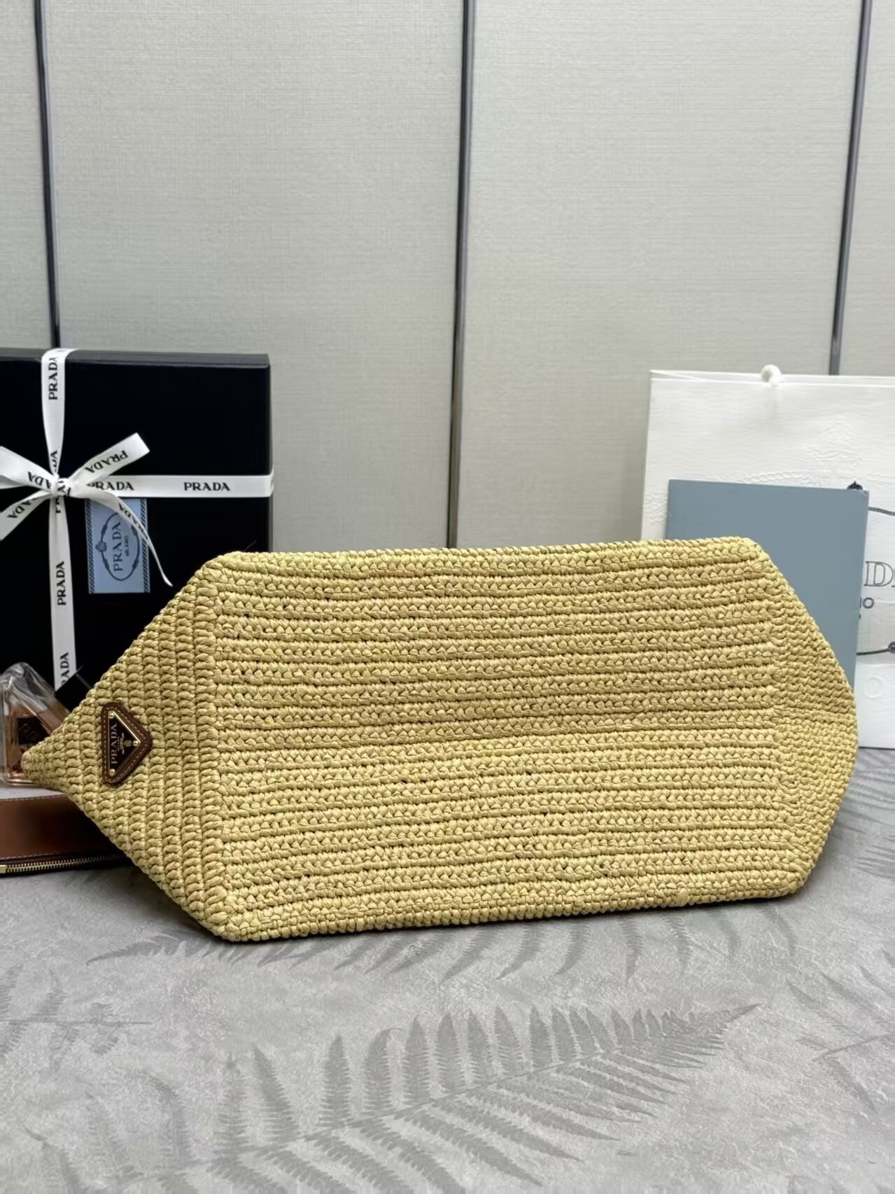 Pra*a large crochet tote bag with leather details without box 23.5x35x22cm