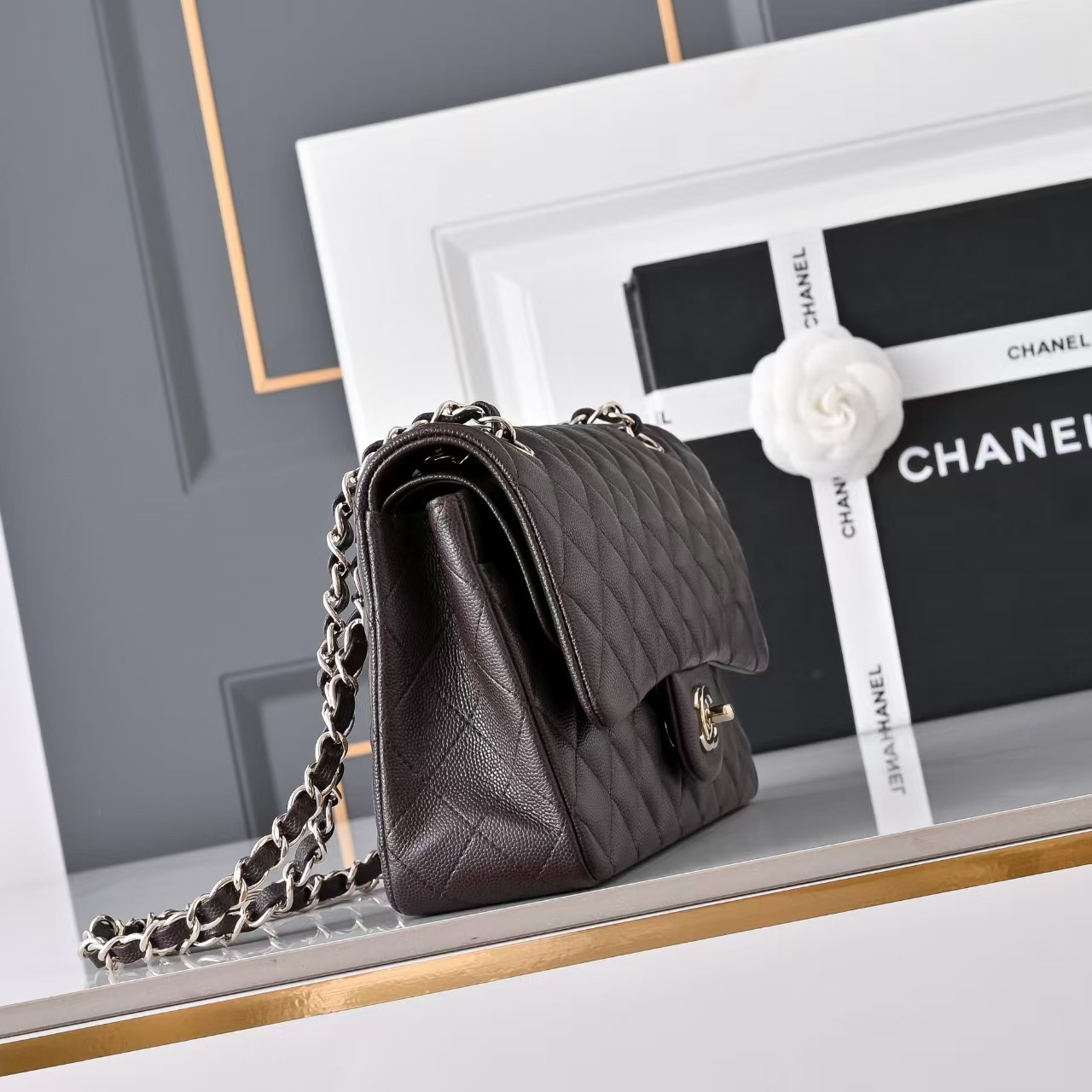Ch**el classic flap coffee brown light gold hardware a01112 15.5×25.5×6.5cm