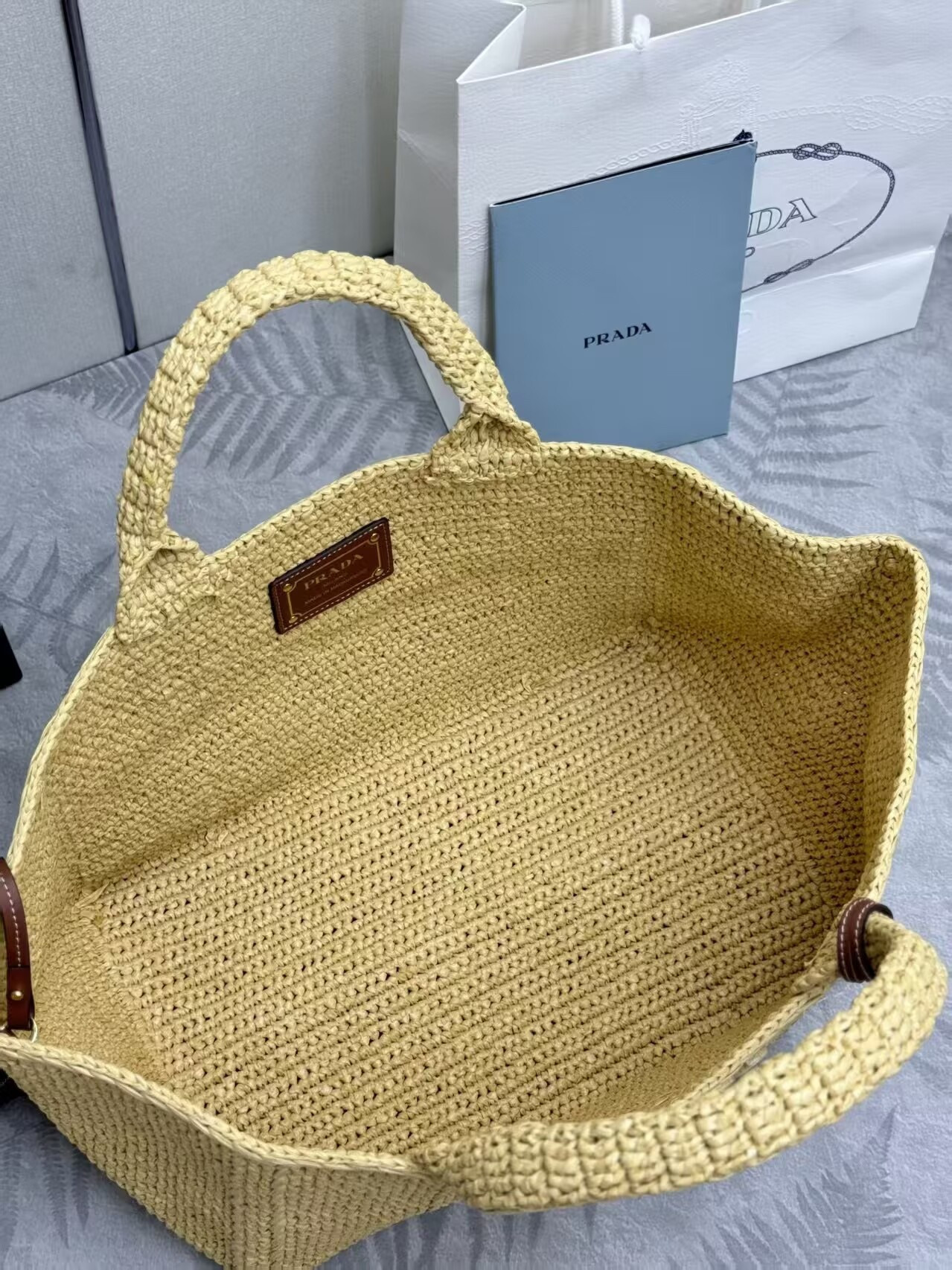 Pra*a large crochet tote bag with leather details without box 23.5x35x22cm