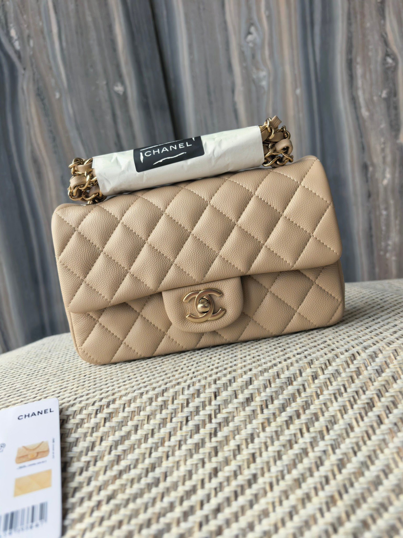 Ch**el mini flap bag milky tea color light gold hardware 20x12x6cm