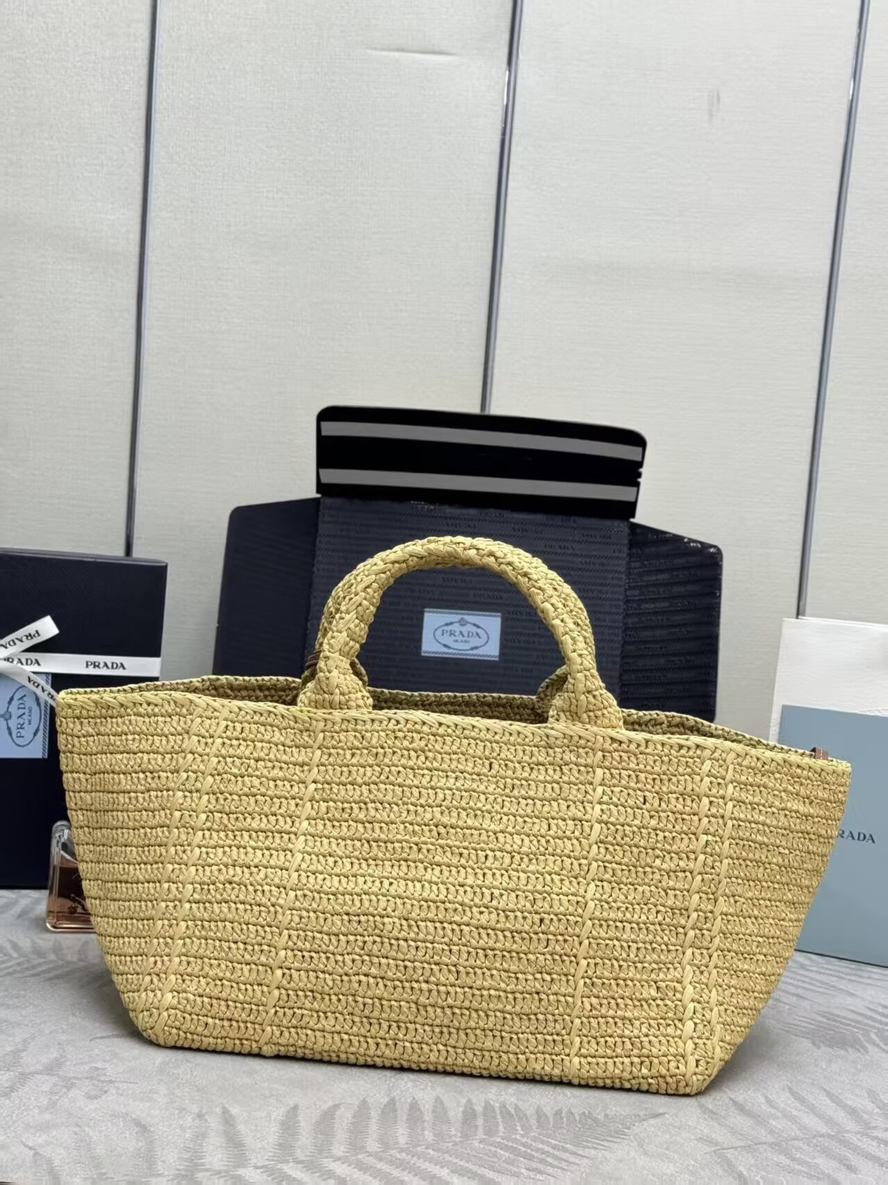 Pra*a large crochet tote bag with leather details without box 23.5x35x22cm