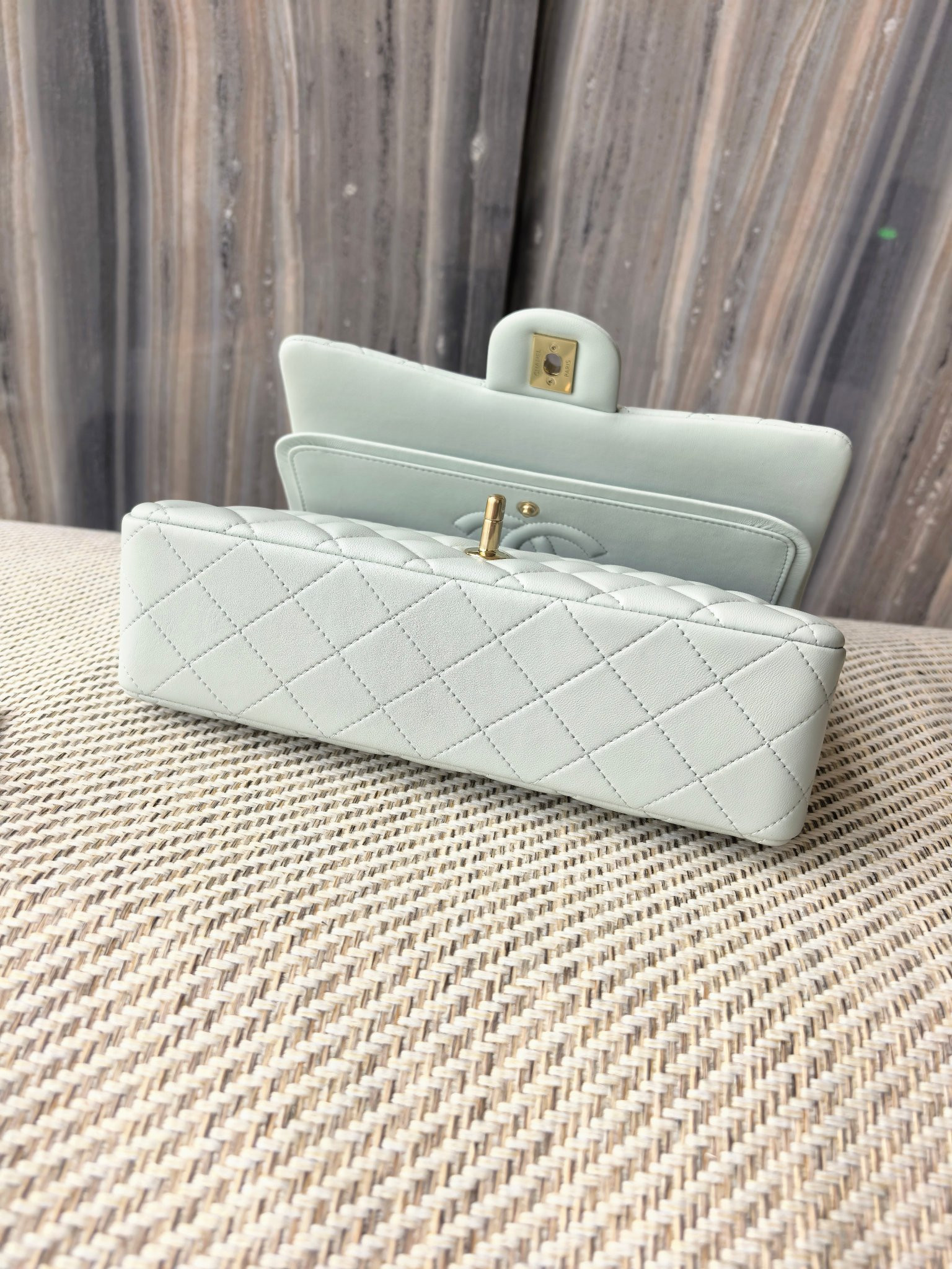 Ch**el classic flap bag light blue with light gold hardware 15.5x25.5x6.5cm