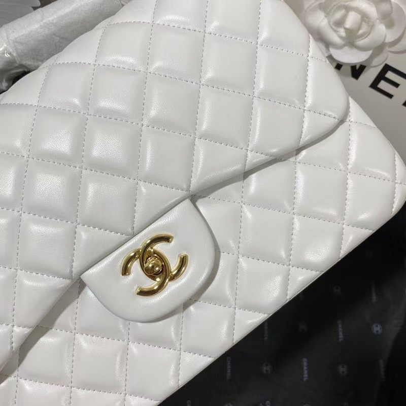 Ch**el Classic Flap Jumbo 30cm CF White Gold 7.6 × 11.7 × 3.9 in
