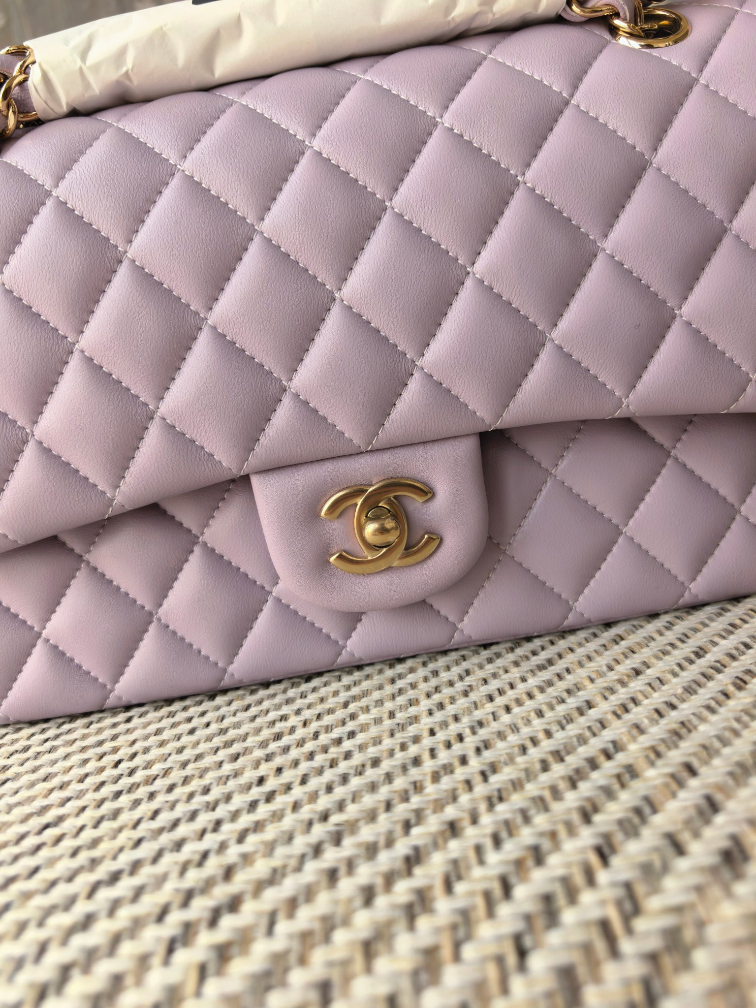 Ch**el classic flap bag lavender with light gold hardware 15.5x25.5x6.5cm