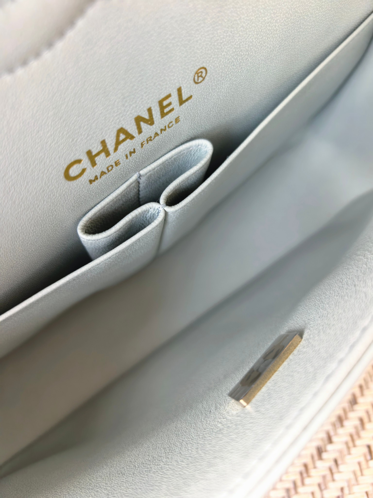 Ch**el classic flap bag light blue with light gold hardware 15.5x25.5x6.5cm