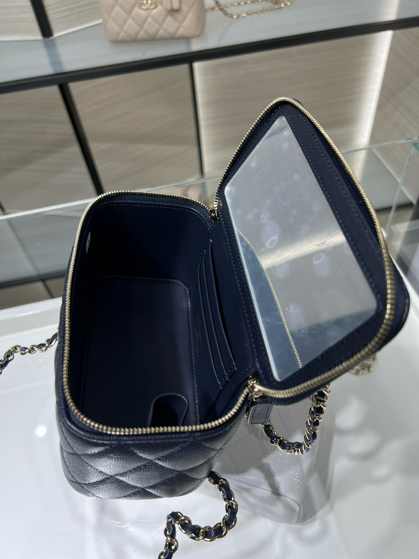 Ch**el clutch with chain deep blue ap4590 17x9.5x8cm