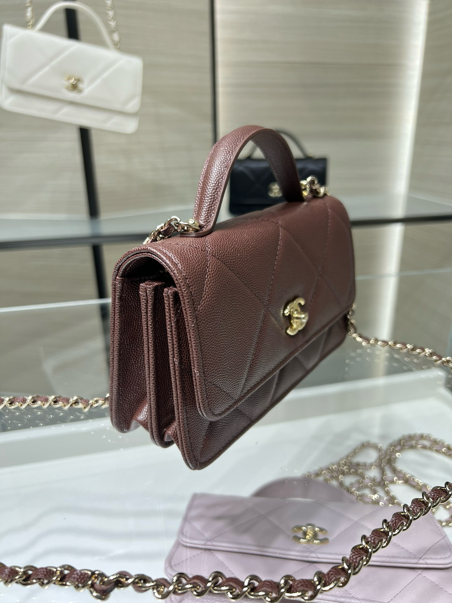 Ch**el flap bag with top handle wallet on chain 11x18.5x6cm