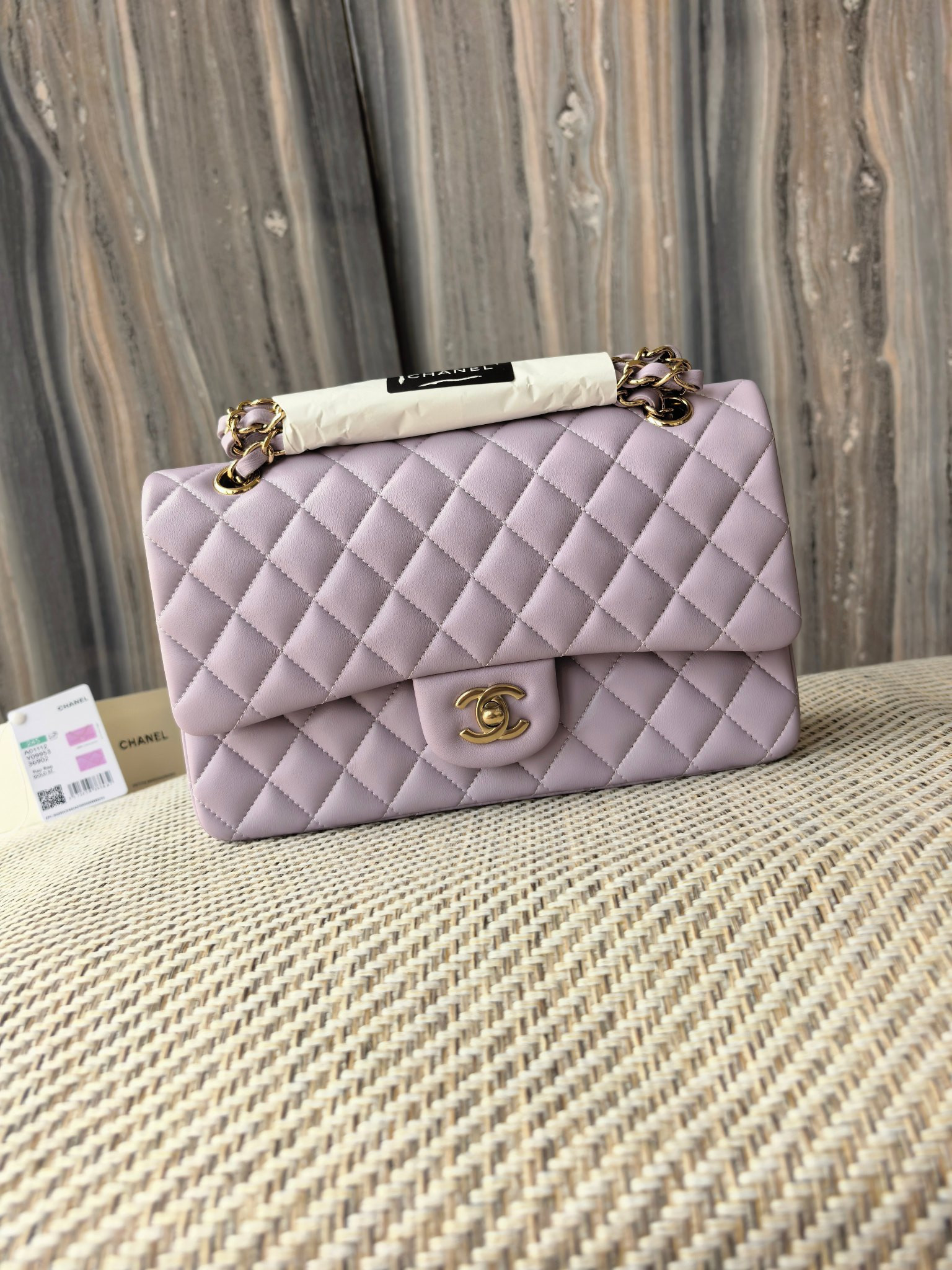 Ch**el classic flap bag lavender with light gold hardware 15.5x25.5x6.5cm