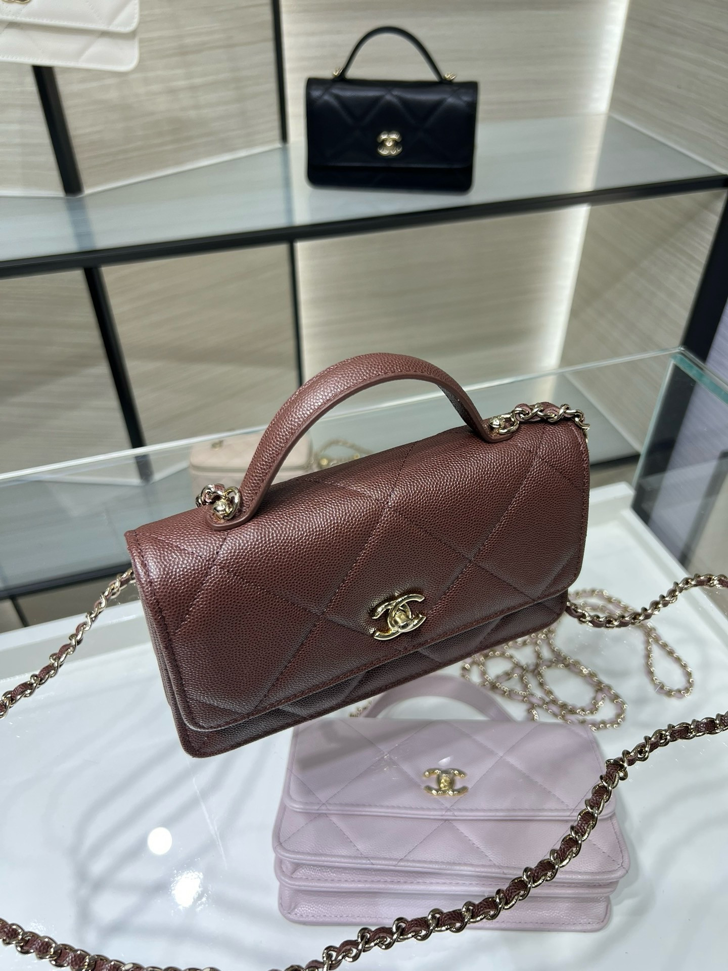 Ch**el flap bag with top handle wallet on chain 11x18.5x6cm