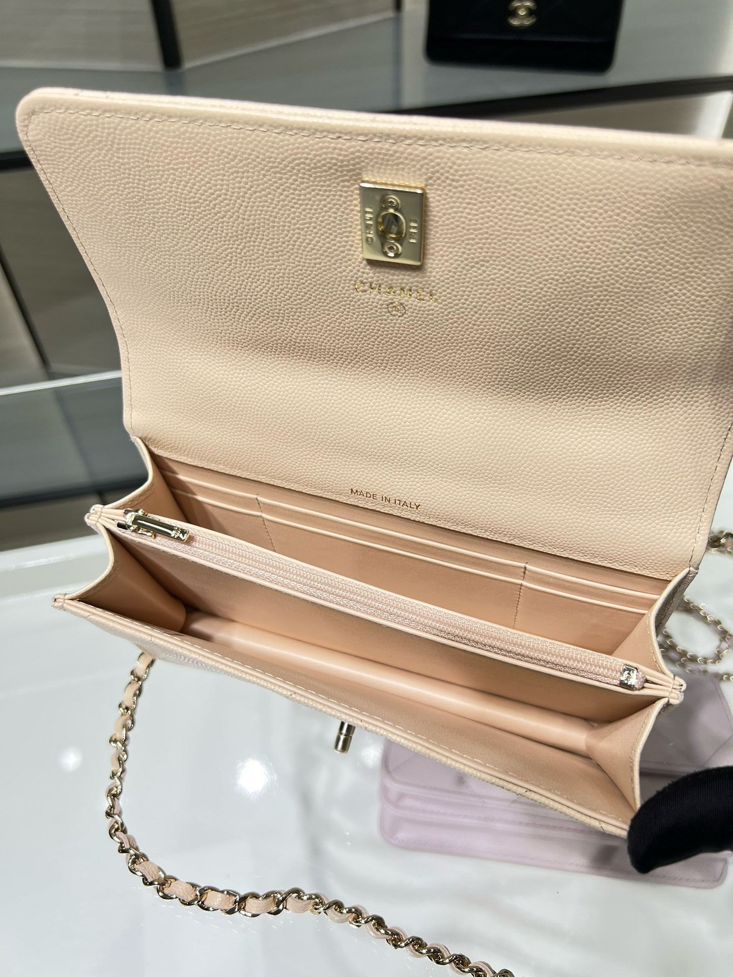 Ch**el flap bag with top handle wallet on chain 11x18.5x6cm