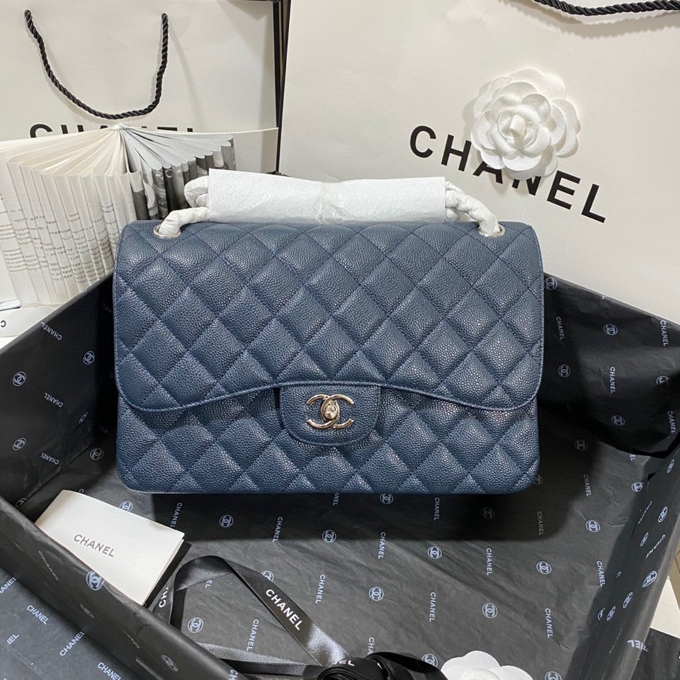 Ch**el Classic Flap Jumbo 30cm CF Blue Silver  7.6 × 11.7 × 3.9 in