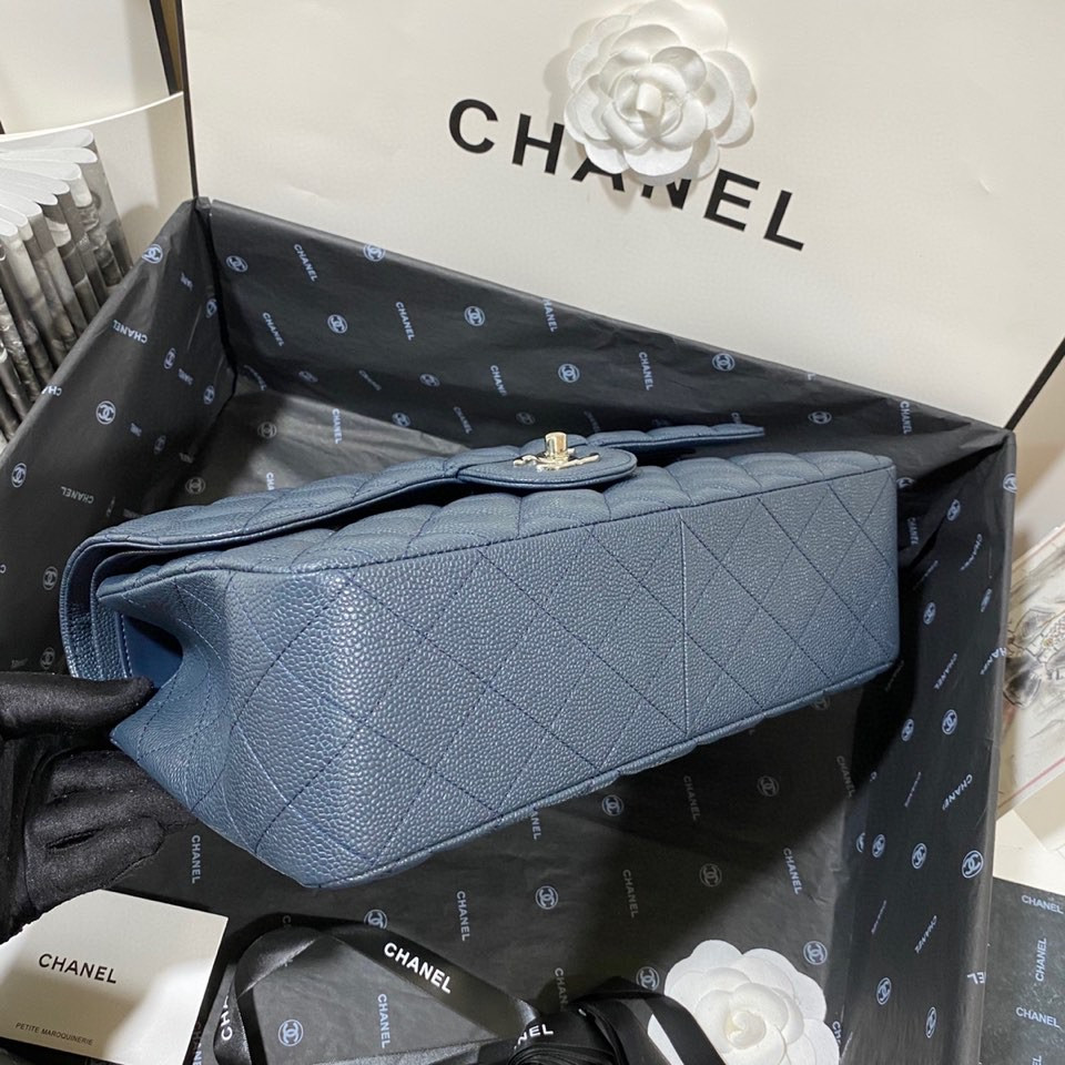 Ch**el Classic Flap Jumbo 30cm CF Blue Silver  7.6 × 11.7 × 3.9 in