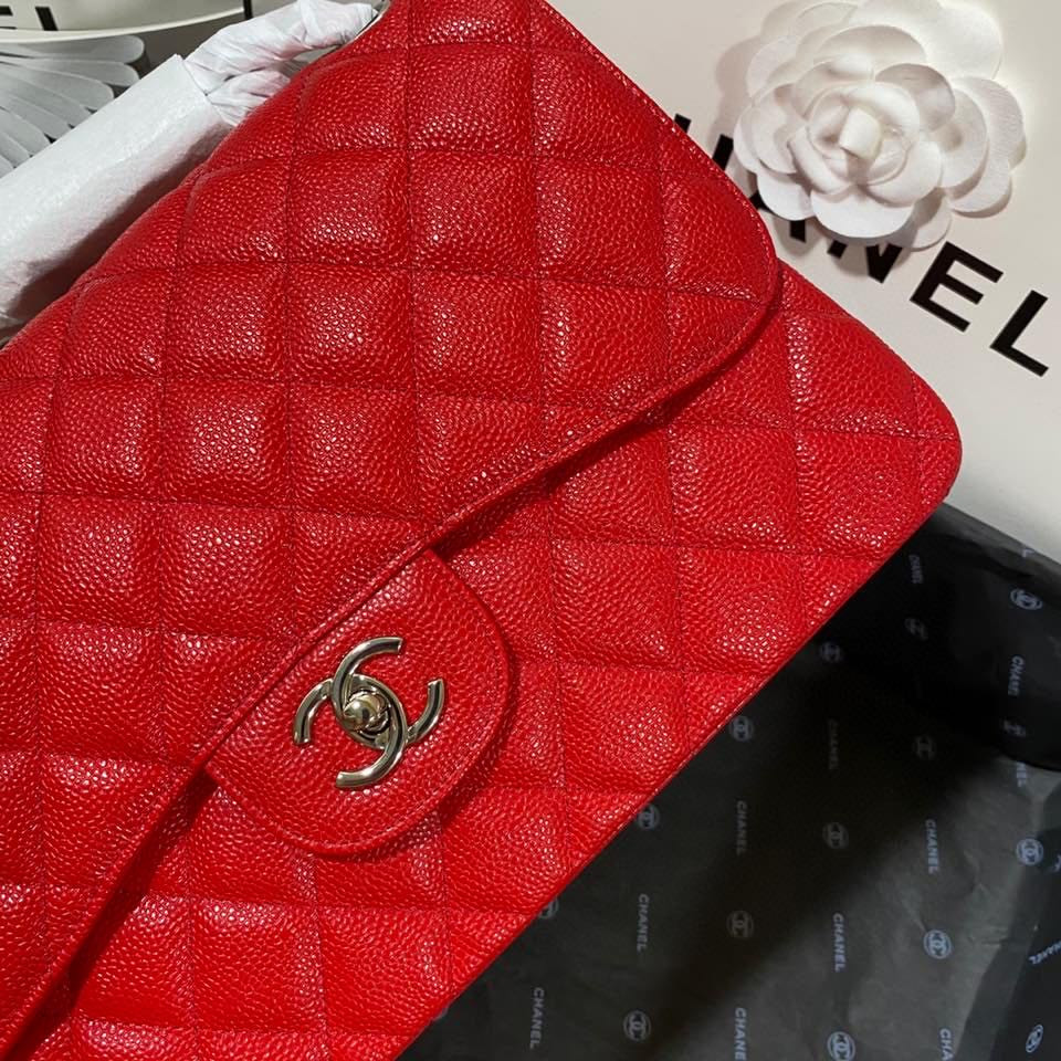 Ch**el Classic Flap Jumbo 30cm CF Red Silver7.6 × 11.7 × 3.9 in