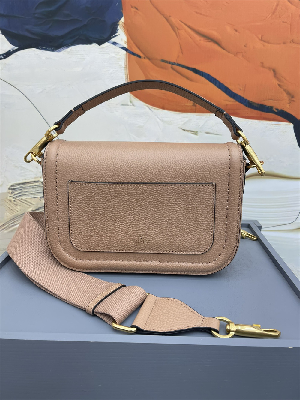 Va1e*ntin0 GARAVANI ALLTIME GRAINY CALFSKIN SHOULDER BAG ROSE CANNELLE 23.5x18X8cm