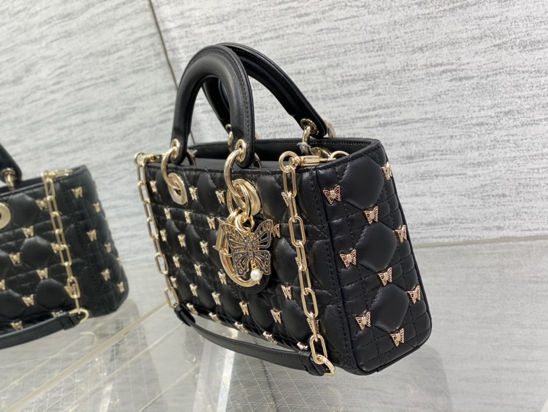 D10r MEDIUM LADY D-JOY BAG Black with Butterfly Studs