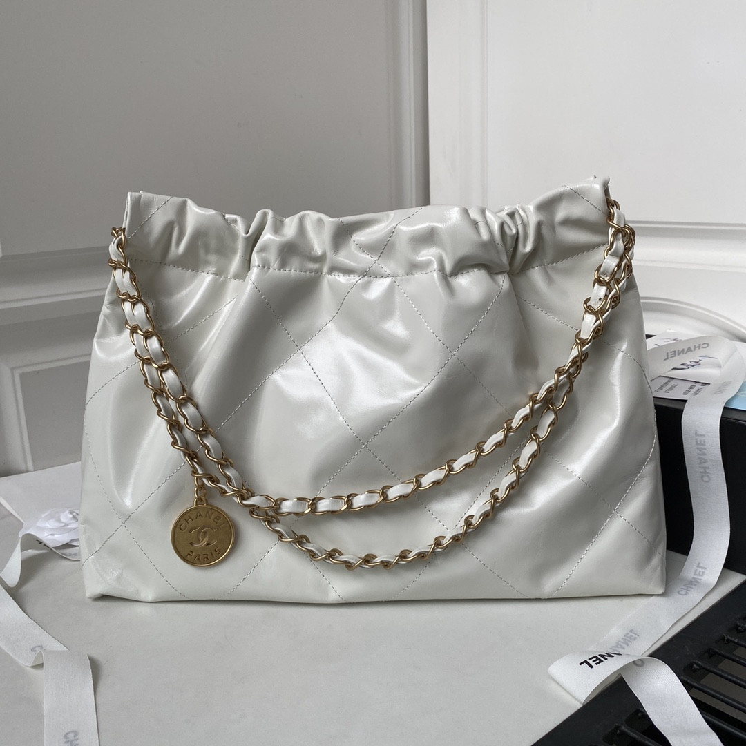 Ch**el 22 HANDBAG Shiny Calfskin white 30×45×8cm