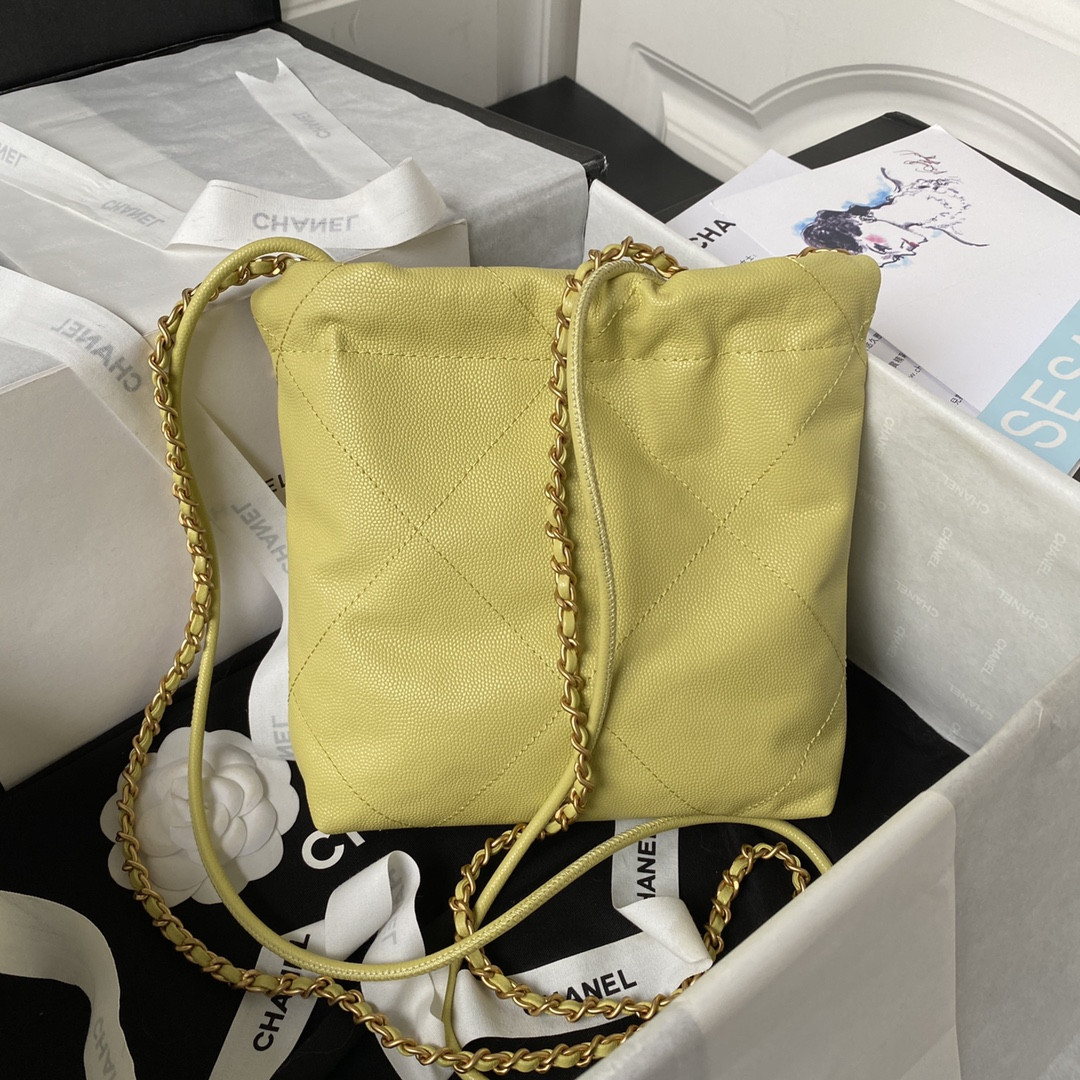 Ch**el 22 MINI HANDBAG GRAINED LEATHER YELLOW 7.8 × 7.4 × 2.3 in