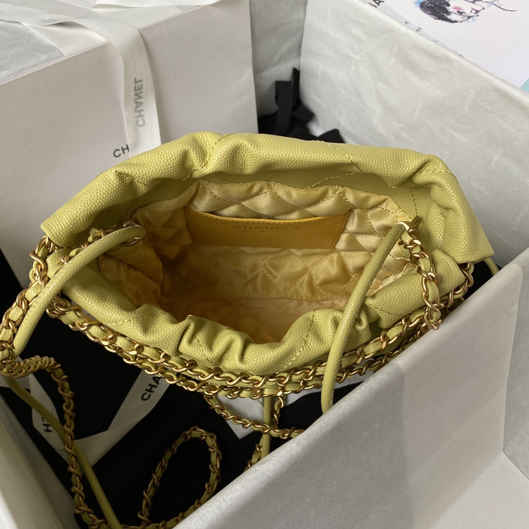 Ch**el 22 MINI HANDBAG GRAINED LEATHER YELLOW 7.8 × 7.4 × 2.3 in
