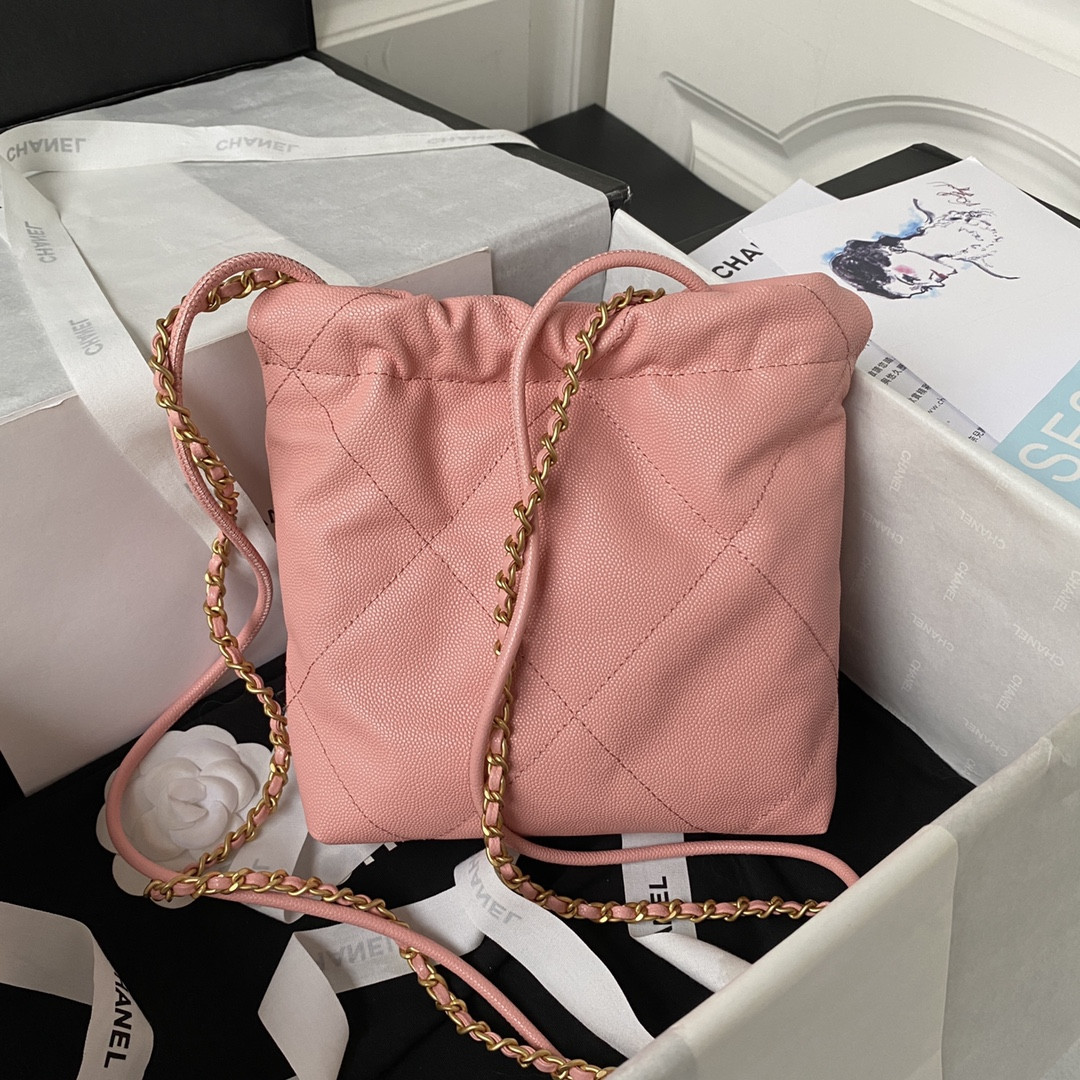 Ch**el 22 MINI HANDBAG GRAINED LEATHER PINK 7.8 × 7.4 × 2.3 in