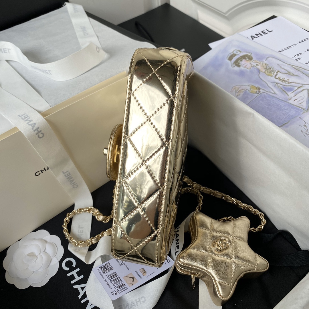 Ch**el FLAP BAG & STAR COIN PURSE GOLD 12.5×19×5cm