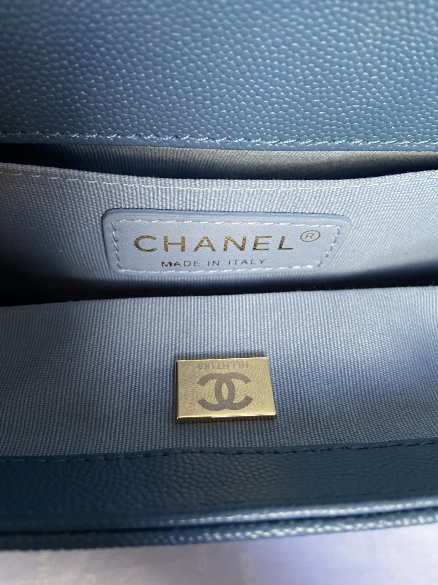 BOY Ch**el HANDBAG Shiny Grained Calfskin & Gold-Tone Metal Blue 5.9 × 9.8 × 3.5 in