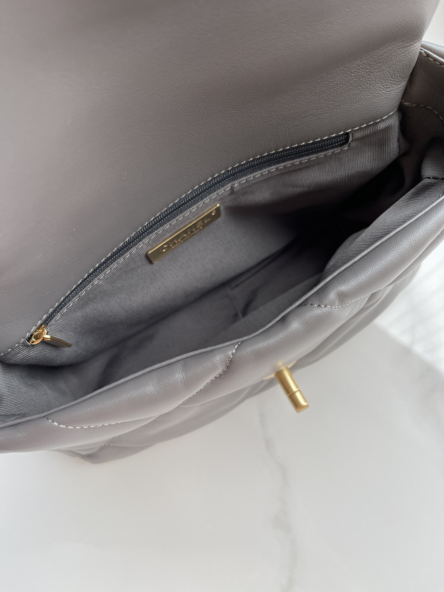 Ch**el 19 HANDBAG Shiny Leather, Gold-Tone, Silver-Tone & Ruthenium-Finish Metal Dark Gray 6.2 × 10.1 × 3.5 in