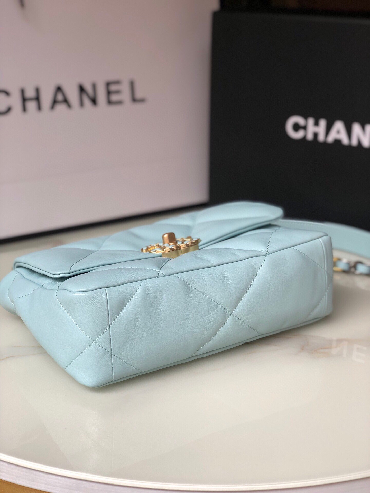 Ch**el 19 HANDBAG Shiny Leather, Gold-Tone, Silver-Tone & Ruthenium-Finish Metal Light Blue 6.2 × 10.1 × 3.5 in