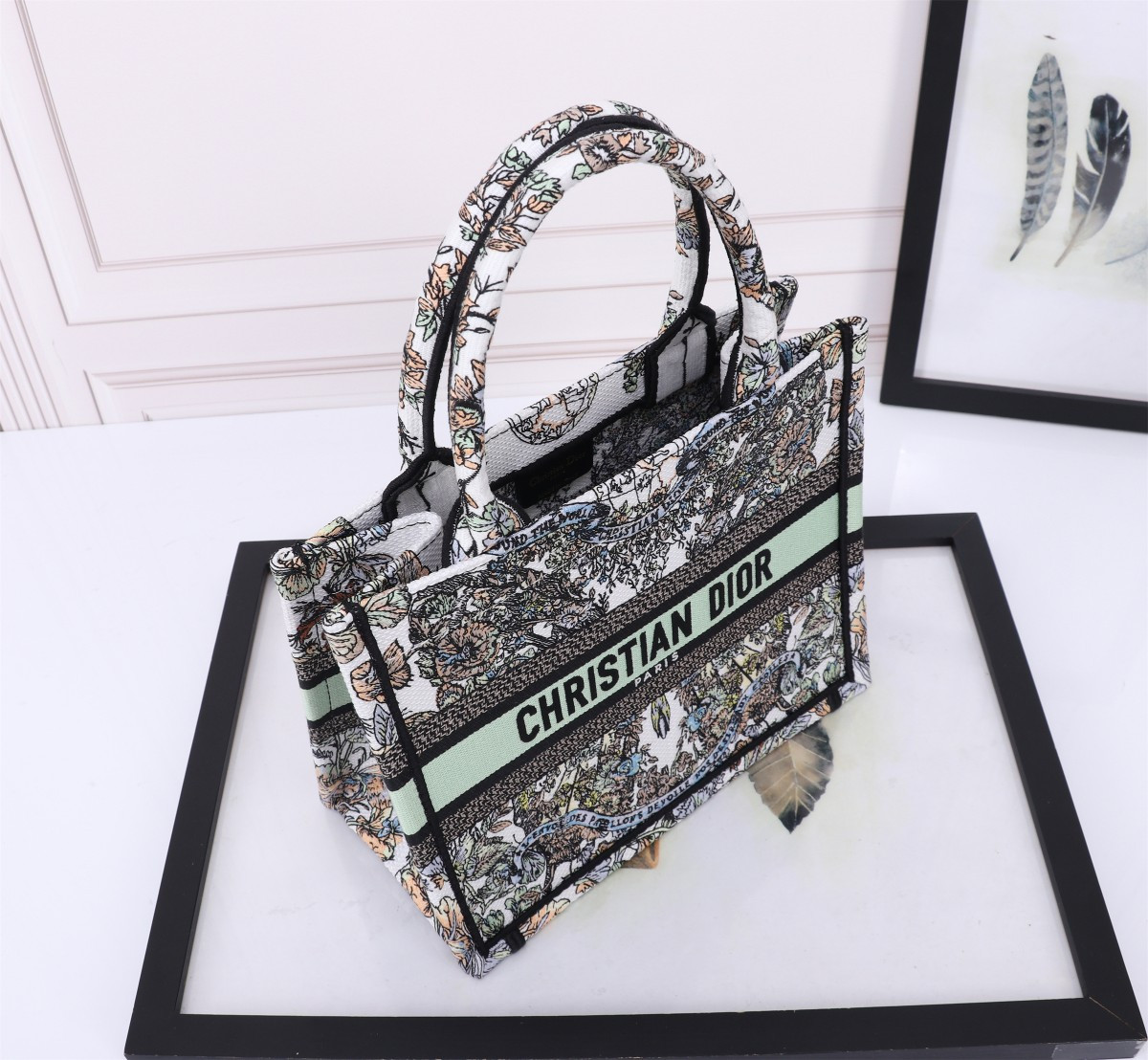 Small D10r BOOK TOTE WHITE MULTICOLOR TOILE DE JOUY MEXICO EMBROIDERY  10.5 x 8.5 x 5.5 inches
