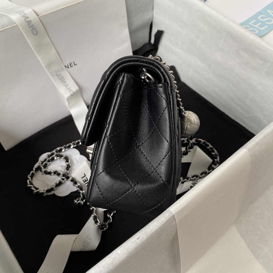 Ch**el MINI FLAP BAG SHINY CALFSKIN & SILVER-Tone METAL BLACK 5.3 × 6.6 × 3.1 in