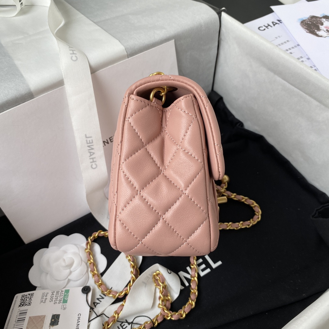 Ch**el MINI FLAP BAG SHINY CALFSKIN & Gold-Tone METAL PINK 5.3 × 6.6 × 3.1 in