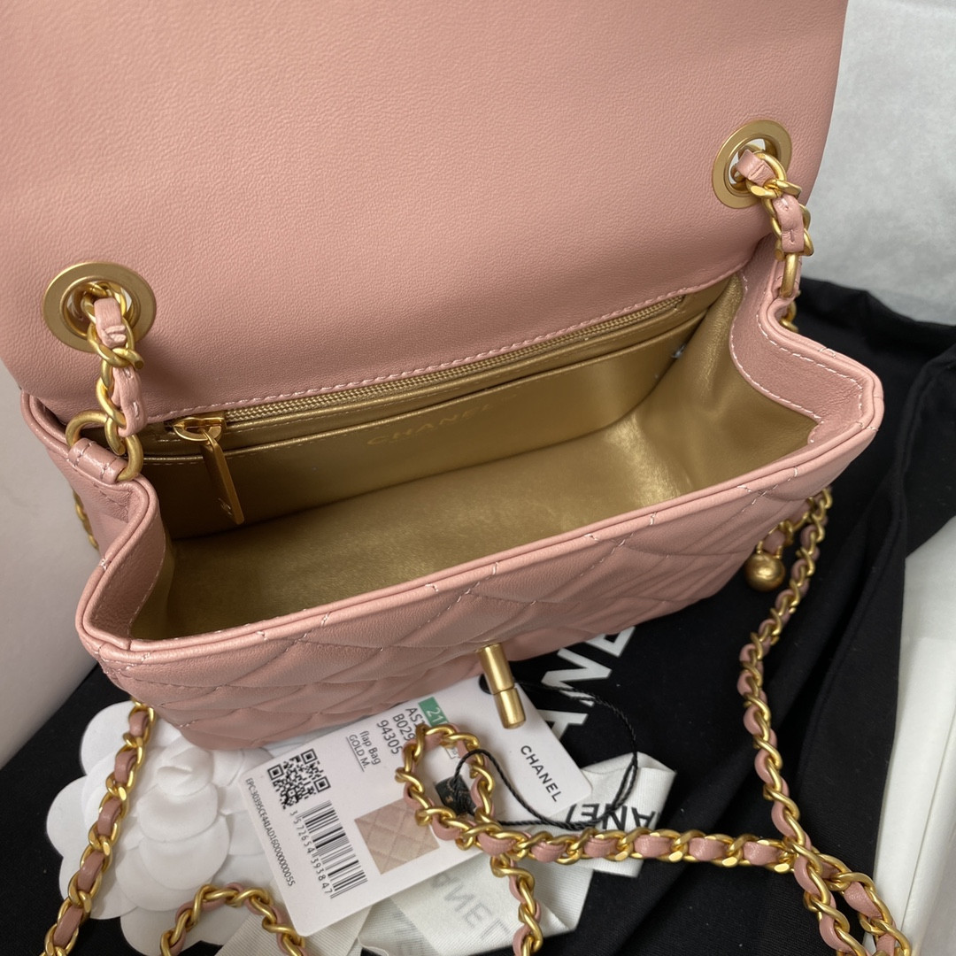 Ch**el MINI FLAP BAG SHINY CALFSKIN & Gold-Tone METAL PINK 5.3 × 6.6 × 3.1 in
