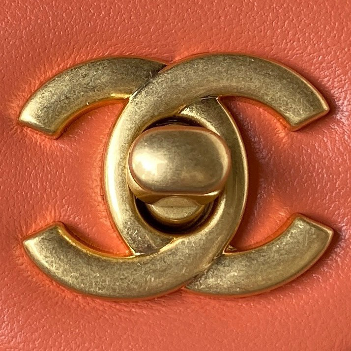 Ch**el MINI FLAP BAG SHINY CALFSKIN & Gold-Tone METAL ORANGE 5.3 × 6.6 × 3.1 in