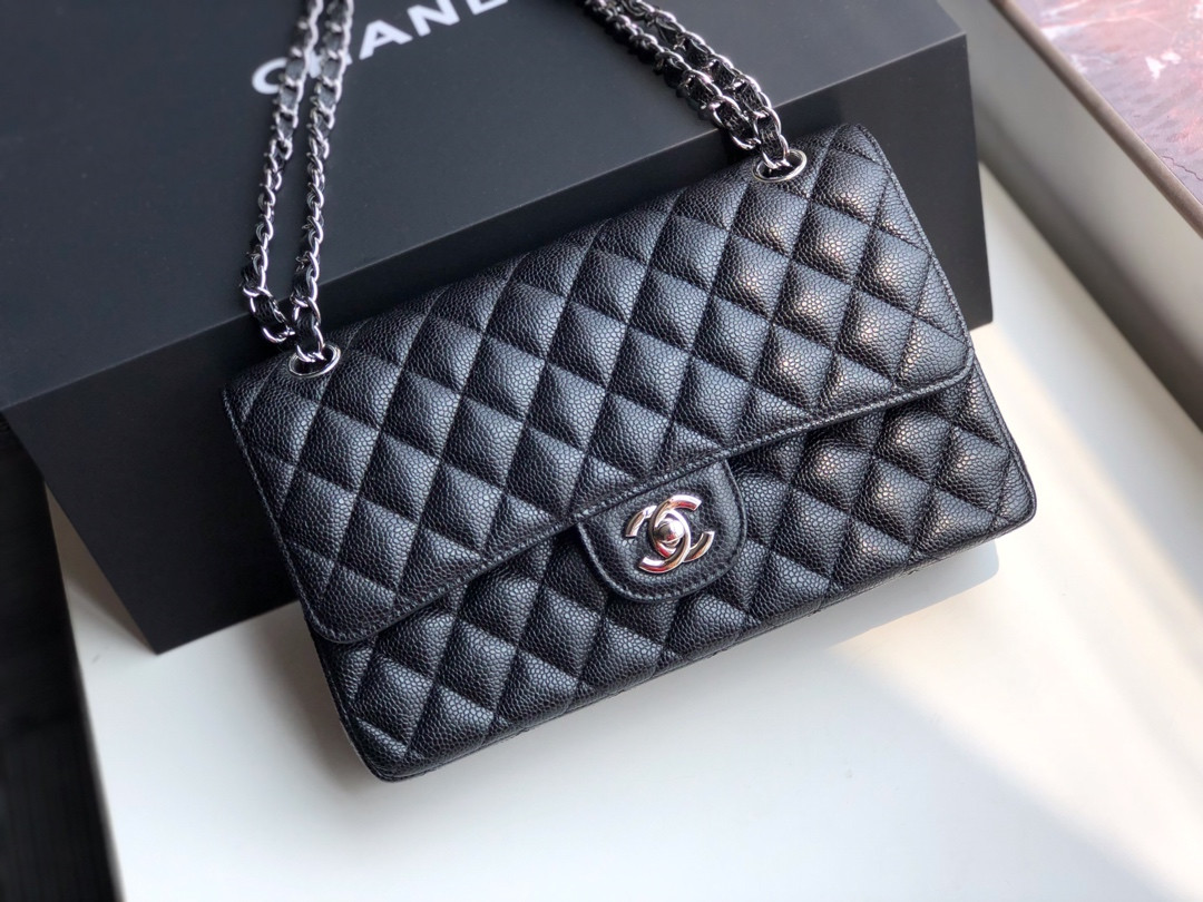 Ch**el CLASSIC HANDBAG GRAINED CALFSKIN & SILVER-TONE METAL black 6 × 9.9 × 2.5 in