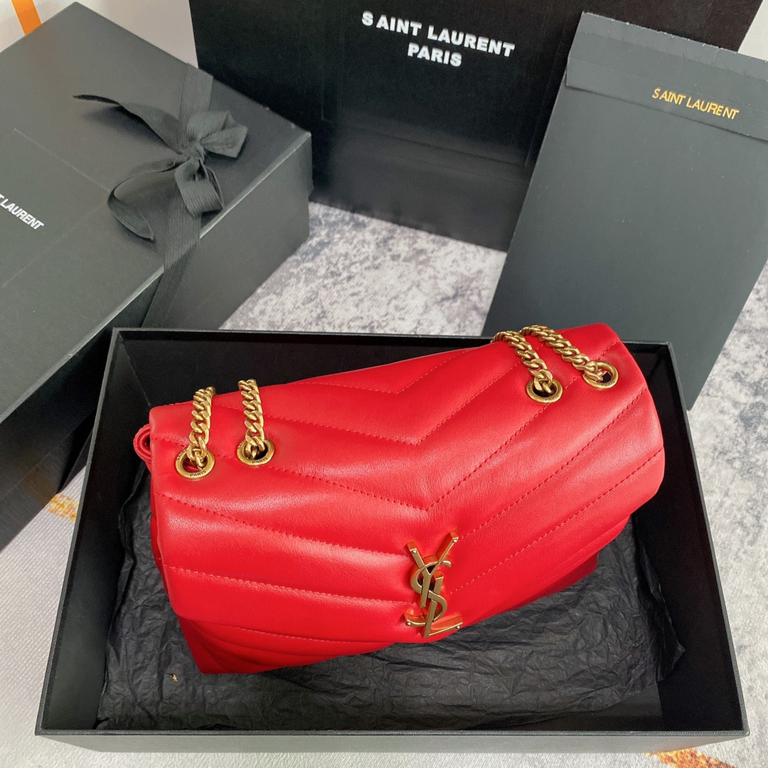 Y51 LOULOU SMALL IN QUILTED LEATHER SHINY RED GOLD 9 X 6.1 X 3.3 INCHES