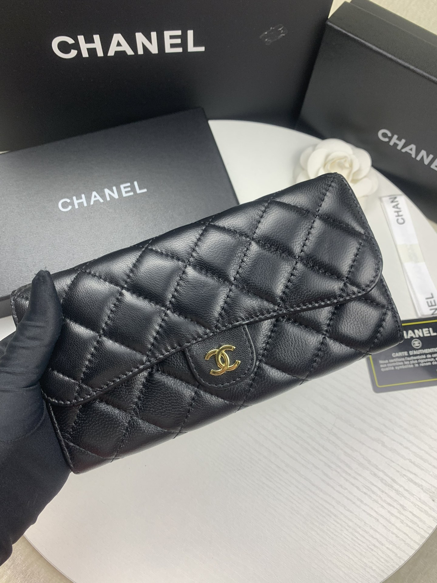 Ch**el FLAP WALLET BLACK 19.5 x10 cm