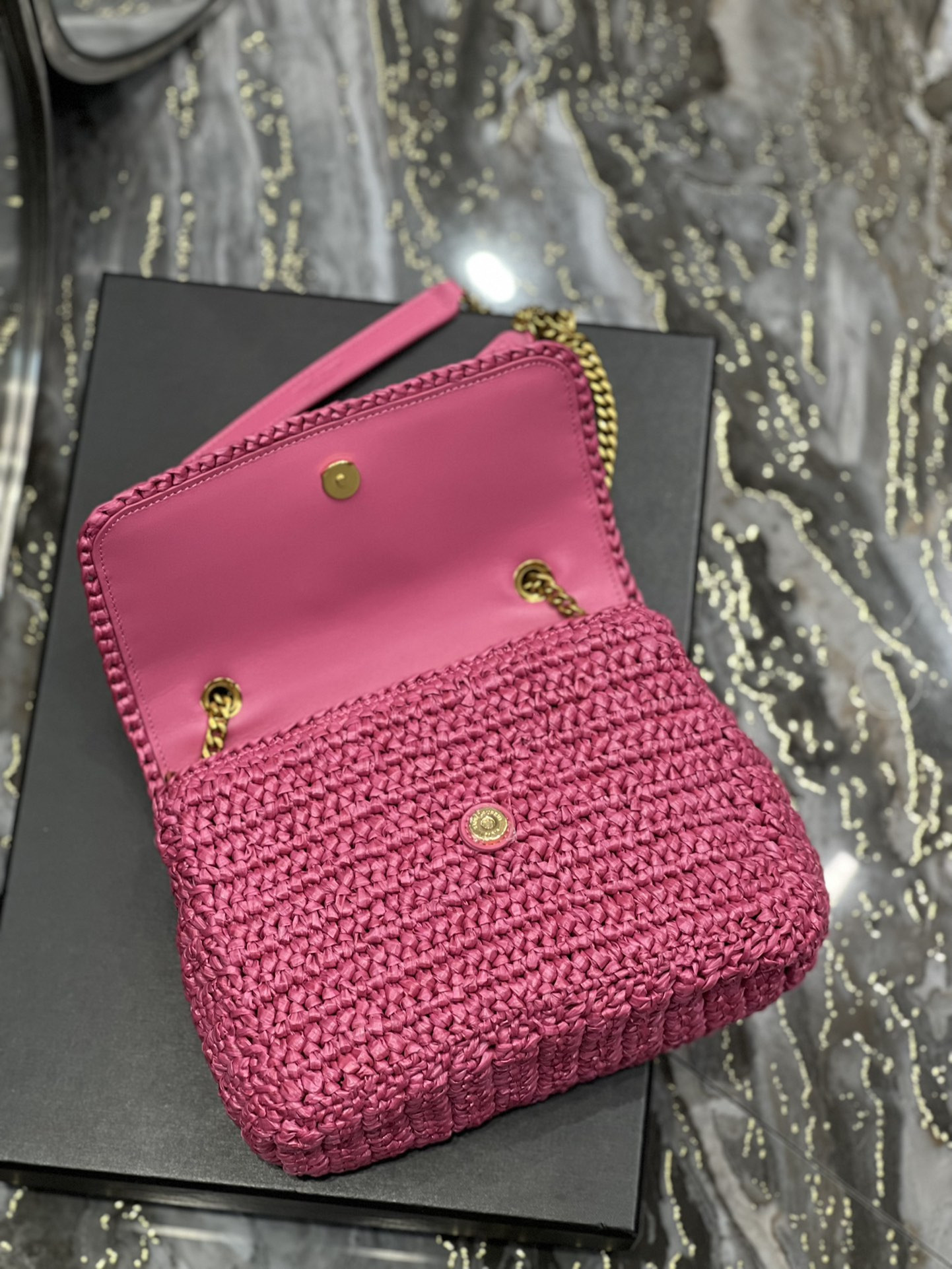 Y51 NIKI CHAIN BAG IN RAFFIA AND LEATHER 22×16.5×12 CM