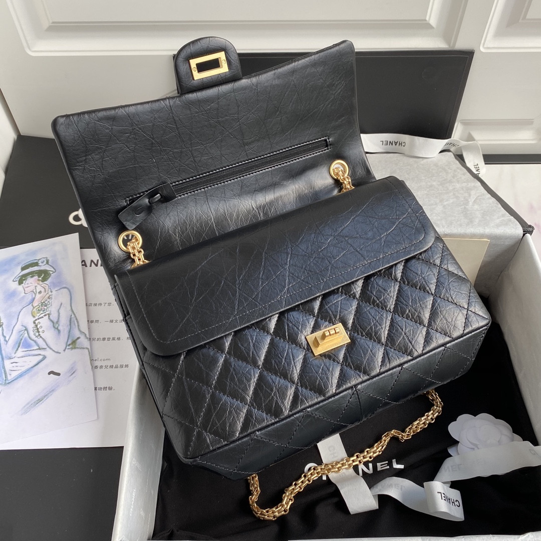 Ch**el LARGE 2.55 HANDBAG Black& Gold-Tone Metal 7.6 × 10.9 × 2.9 in
