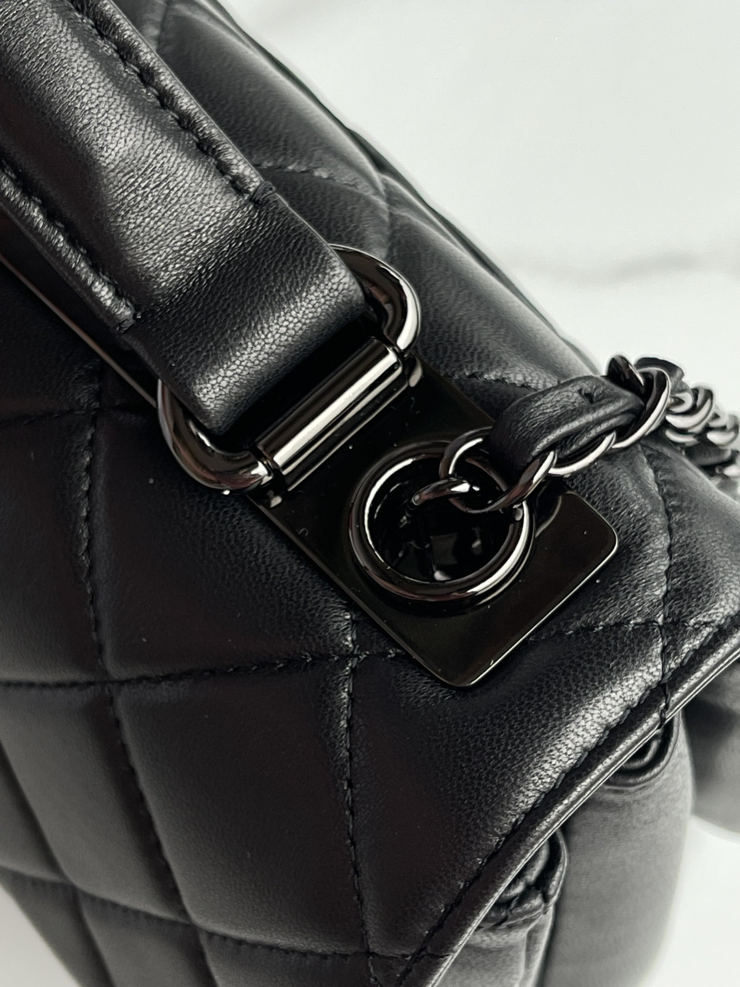 Ch**el FLAP BAG WITH TOP HANDLE BLACK 6.6 × 9.8 × 4.7 in