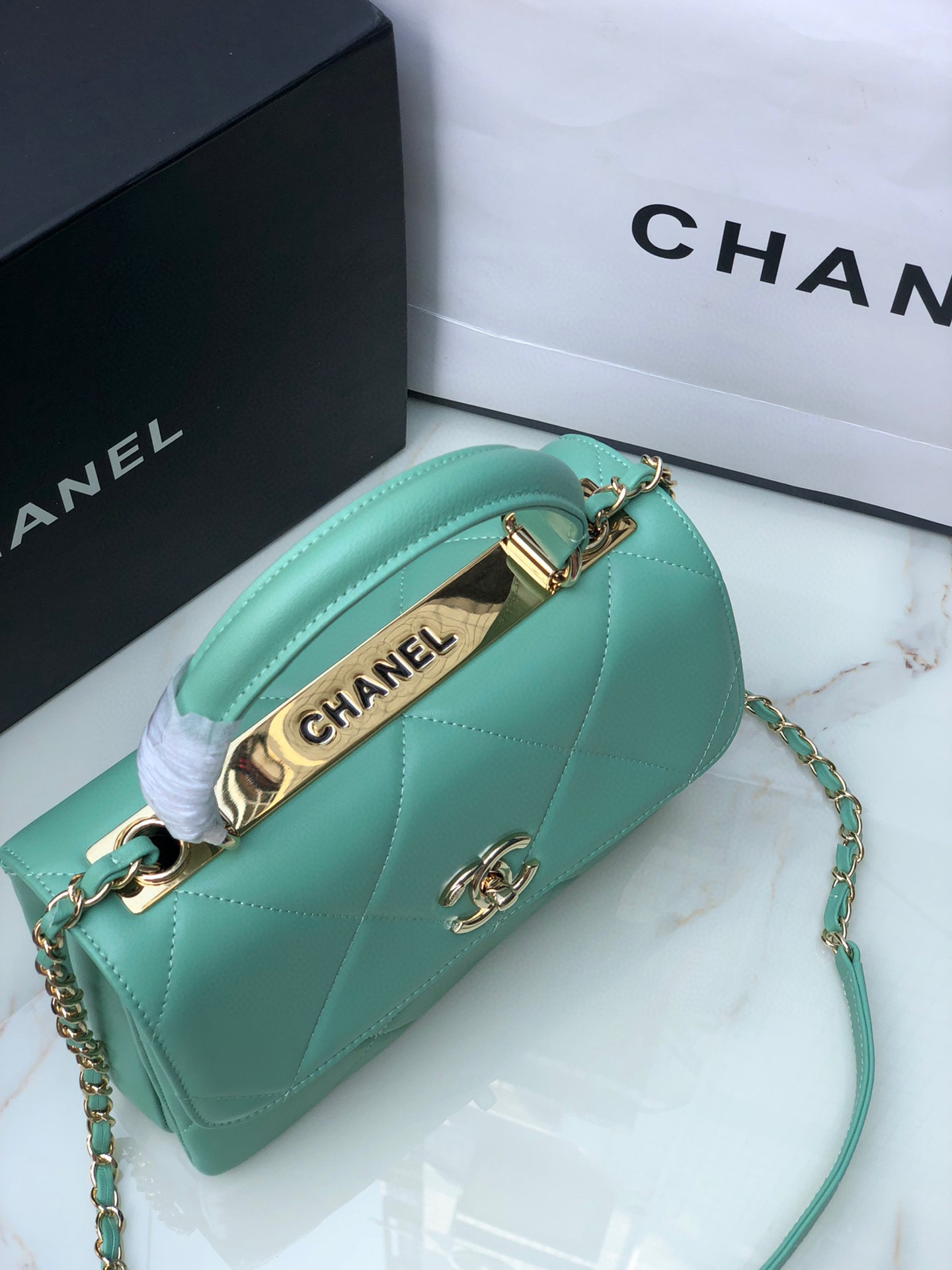 Ch**el FLAP BAG WITH TOP HANDLE BLUE 6.6 × 9.8 × 4.7 in
